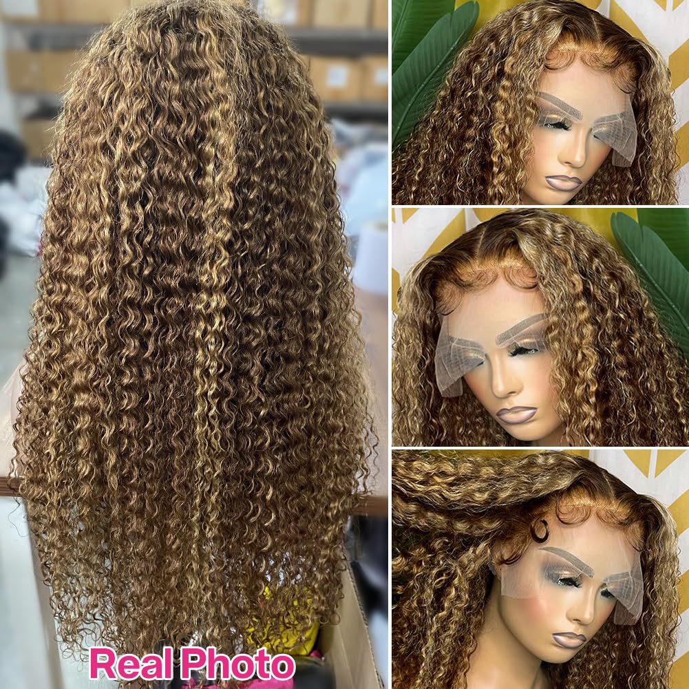 CYNOSURE 13x5 Highlight Ombre Deep Curly Lace Front Wigs Human Hair 26Inch Honey Blonde Jerry Curly Wig Human Hair HD Transparent Lace Frontal Wigs Pre Plucked 180 Density Human Hair for Women