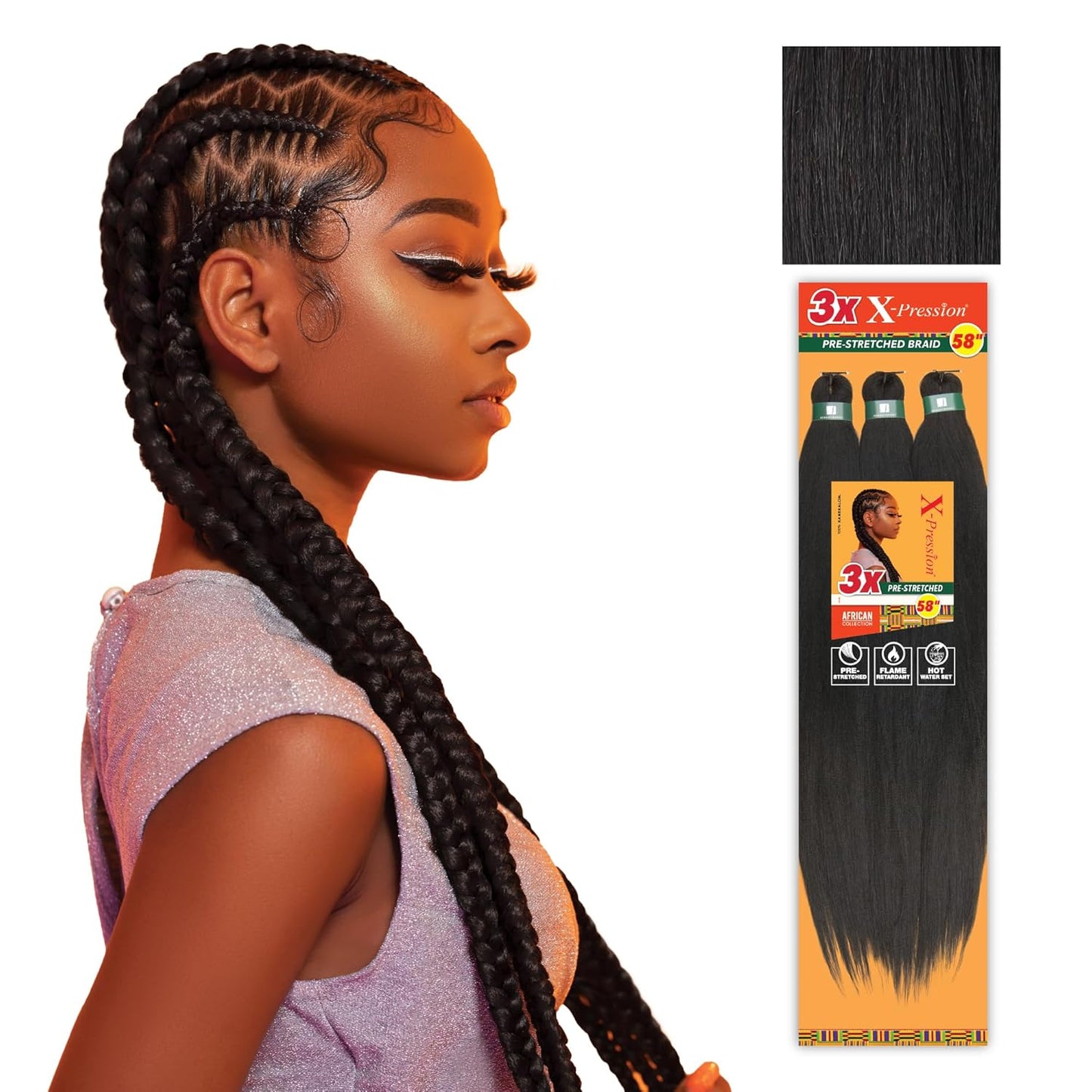 Sensationnel X-pression prestretched braiding hair - 3x braid 58 inch all kanekalon flame retardant synthetic braid for box braids and twists (1 pack, 1B OFFBLACK)