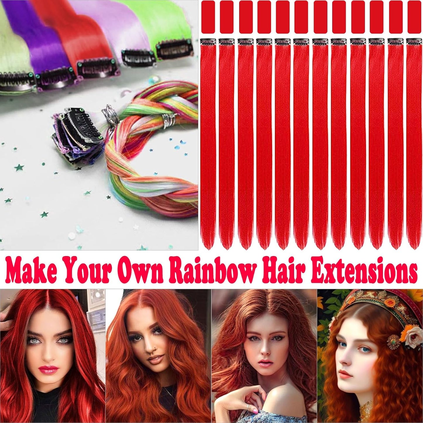 12 PCS Red Hair Extensions Clip in, 22 Inch Colored Hair Extensions Party Highlights Long Straight Synthetic Hairpieces for Women Kids Girls Cosplay