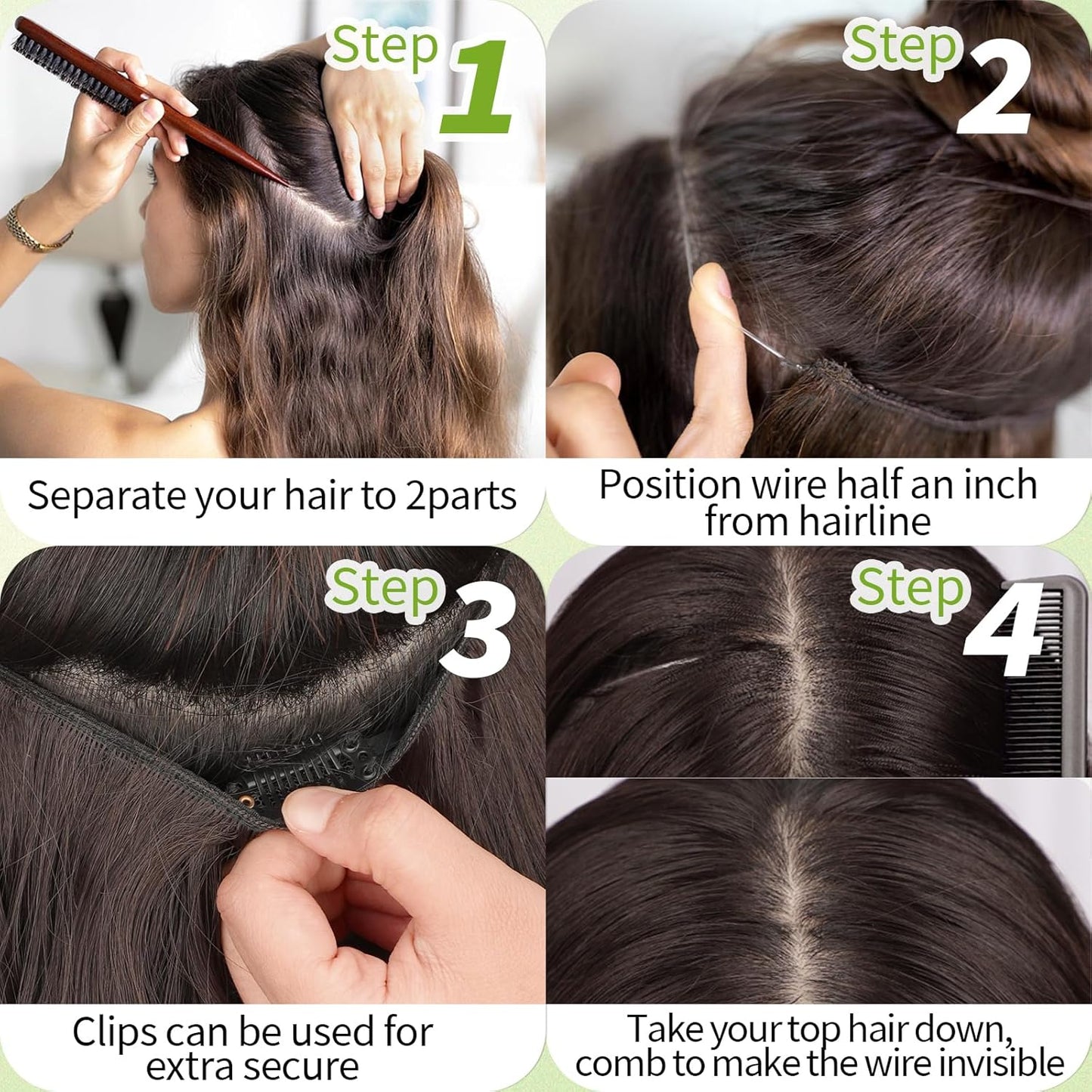 KooKaStyle Invisible Wire Hair Extensions with Transparent Wire Adjustable Size 4 Secure Clips Long Wavy Secret Synthetic Hairpiece 20 Inch 120g Rich Dark Brown with Warm Tones for Women